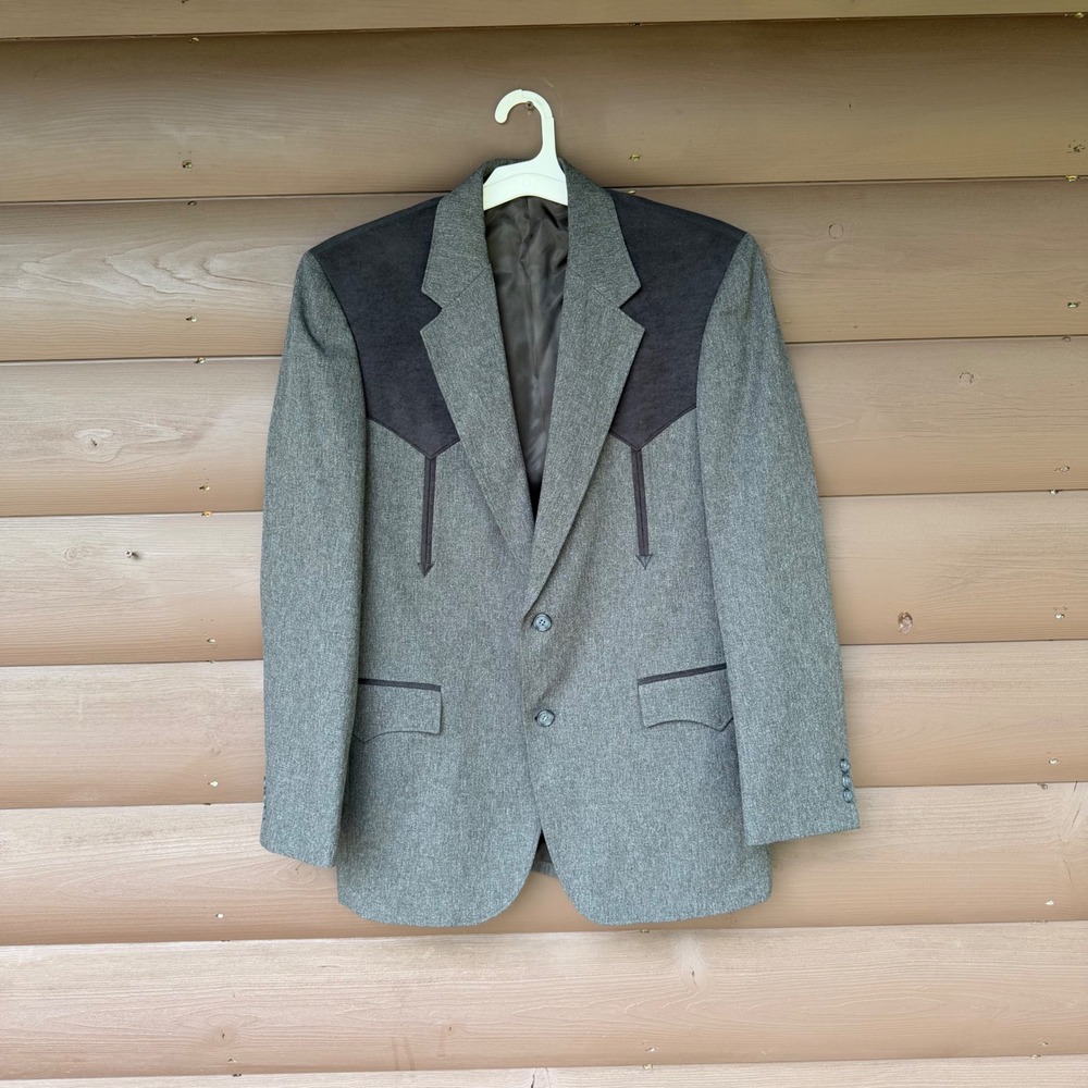 Vtg Circle S Western Blazer Mens 40R Gray Black Yoke Cowboy Sport Coat